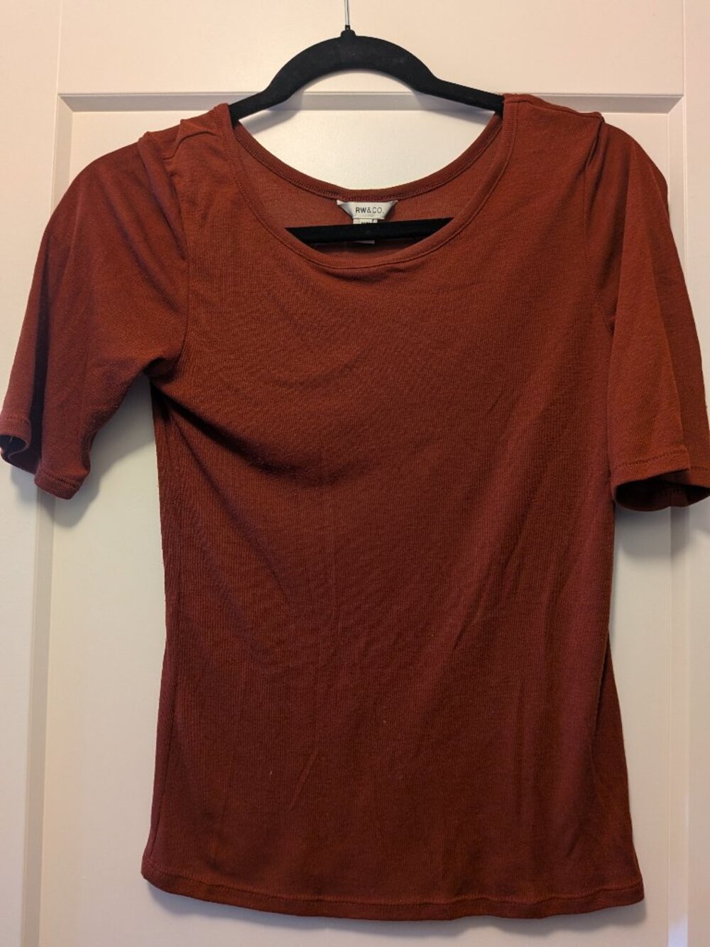 RW and Co medium sized burnt orange lightweight short sleeve scoop neck sweater